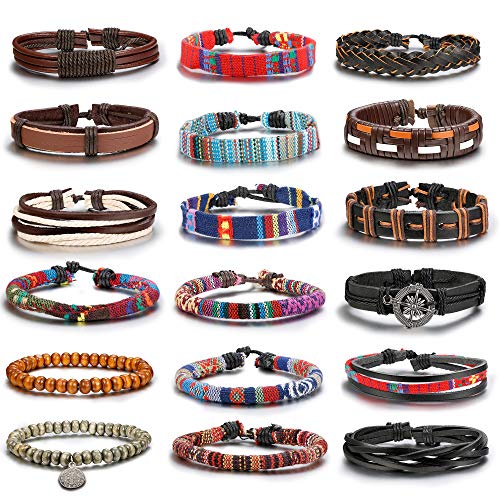 Product Cover Hanpabum 18pcs Friendship Braided Leather Bracelets for Men Women Wood Bead Bracelets Woven Cuff Bracelet Adjustable
