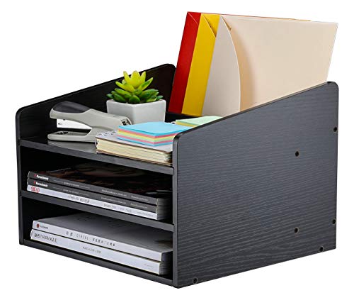 Product Cover PAG Office Supplies Wood Desk Organizer Desktop File Mail Sorter Magazine Holder Rack Telephone Stand, with Adjustable Drawer, Black