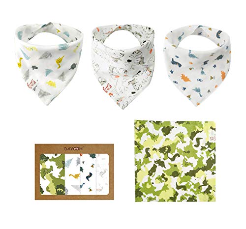Product Cover Dinosaur Baby Bibs Premium Muslin Bandana Bibs for Drooling Baby, Absorbent Breathable Bandana for Summer, Baby Shower Gift 4 Pack- 1 Square Bandana and 3 Drool Bibs, Camouflage Dinosaur Green