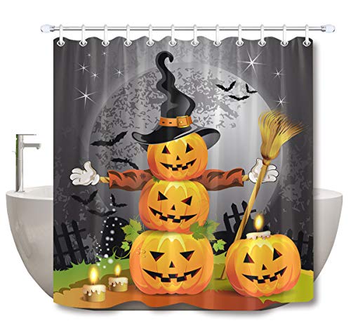 Product Cover LB Halloween Pumpkins Shower Curtain Set Magic Hat Ghost Broom Bathroom Curtain Party Decor,Bath Curtain Hooks Include,72x72 inch Waterproof Polyester Fabric
