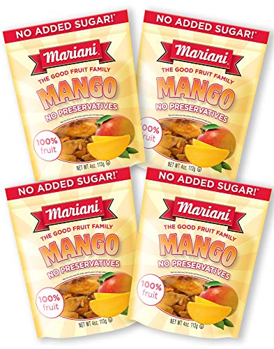 Product Cover Mariani - Dried Mango - 4oz (Pack of 4) - Unsweetened & Unsulfured - 100% Fruit - Gluten Free, Vegan, No Preservatives, Resealable Bag - Healthy Snack for Kids & Adults