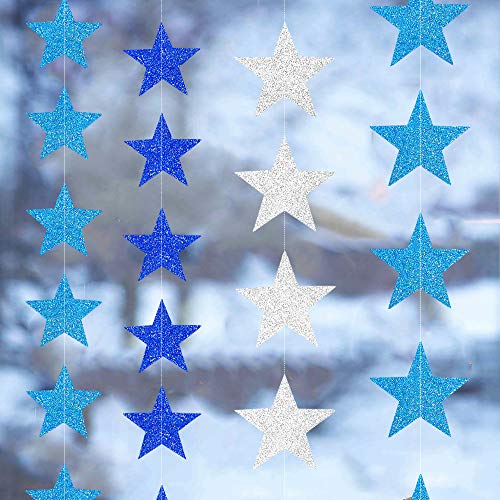 Product Cover 4 Sets/52 Feet Blue & Silver Star Garland Kit, Blue Star Party Decoration Supplies, Glitter Star Banner Garland Combo, Twinkle Twinkle Little Star Decorations for Baby Shower Birthday Winter Party