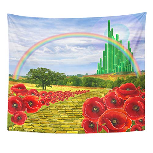 Product Cover Emvency Tapestry Poppies Field Yellow Brick Road Leading to The Oz Emerald City Flowers Follow Home Decor Wall Hanging for Living Room Bedroom Dorm 50x60 Inches