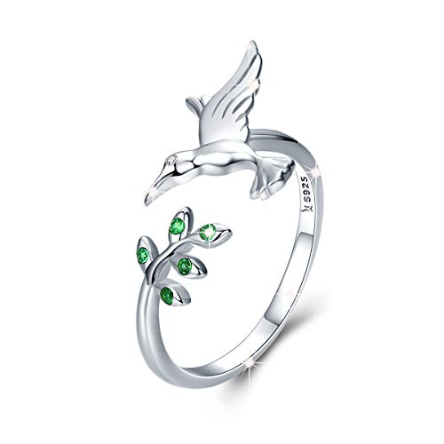 Product Cover Adjustable Women Ring 925 Sterling Silver Bird Tree Leaves Open Finger Rings with Green Cubic Zirconia Jewellry Christmas Gift