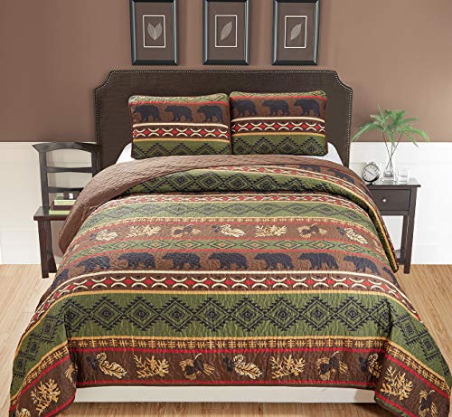 Product Cover Rustic Western Southwestern Brown Quilt Set With Native American Designs Grizzly Bears and Pinecone Prints Extra Long Twin Bedspread 2 Piece Bear Twin