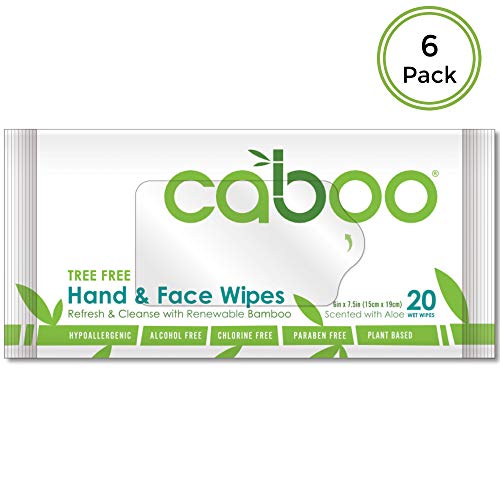 Product Cover Caboo Tree-Free Bamboo Hand and Face Wipes, Eco-Friendly Wet Wipes for Sensitive Skin, 6 Resealable Travel Packs, 20 Wipes Per Pack, Total of 120 Wipes