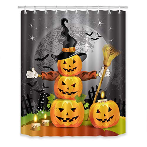 Product Cover LB Halloween Pumpkins Shower Curtain Set Magic Hat Ghost Broom Bathroom Curtain Party Decor,Bath Curtain Hooks Include,60x72 inch Waterproof Polyester Fabric