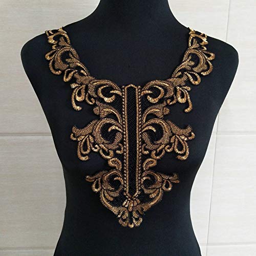 Product Cover 1Pieces Golden Embroidery Lace Collar Fabric Trim DIY Embroidery Lace Fabric Neckline Applique Sewing Craft