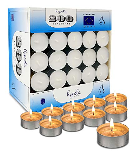 Product Cover Hyoola Tea Lights Candles - 200 Bulk Candles Pack - Natural Palm Oil Tea Light - European Quality White Unscented Tealight Candles - 4 Hour Burn Time