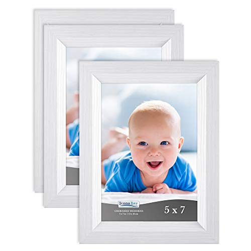 Product Cover Icona Bay 5x7 Picture Frame (3 Pack, Aspen White Wood Finish), White Photo Frame 5 x 7, Composite Wood Frame for Walls or Tables, Set of 3 Cherished Memories Collection