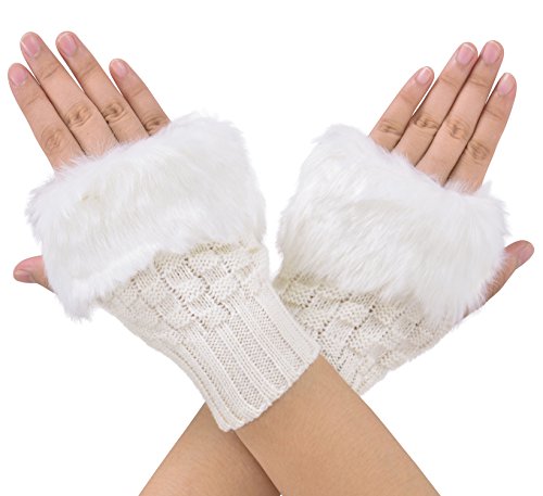 Product Cover Verabella Fingerless Mittens Women's Faux Fur Hand Warmers Thumb Hole Gloves,Short White
