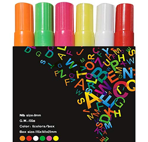 Product Cover Liquid Chalk Markers for Writing Boards 6 Fluorescent Neon Color Pens Non-Toxic Safe Erasable Liquid Pens Chisel Tip Best for Adults and Kids Drawing on Glass Mirrors Metals Plastics
