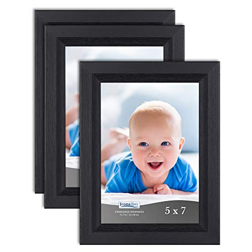 Product Cover Icona Bay 5x7 Picture Frame (3 Pack, Obsidian Black Wood Finish), Black Photo Frame 5 x 7, Composite Wood Frame for Walls or Tables, Set of 3 Cherished Memories Collection