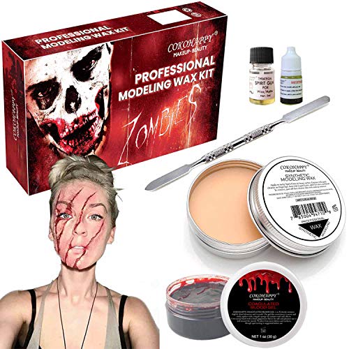Product Cover COKOHAPPY Halloween Party Stage Special Effects Wound Scar Nude Color Putty/Wax (1.76oz) + Fake Scab Blood (0.7oz) + Oil (0.17oz) + Spirit Gum Adhesive + Spatula Tool Family Makeup Kit