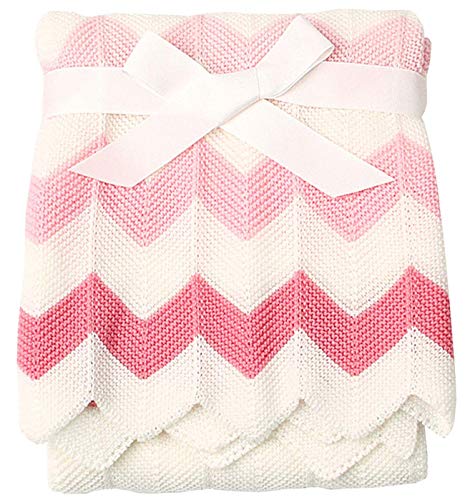 Product Cover Cozyholy Elegant Chevron Knit Baby Blankets Soft Toddler Crib Throw Blanket Neutral Stroller Cover with Ribbed Border for Girls Boys, 40x30 inch, Chevron (Pink)
