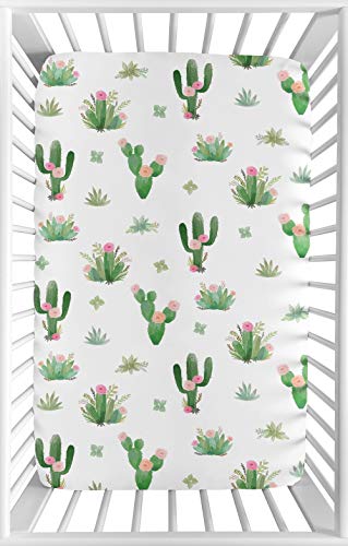 Product Cover Sweet Jojo Designs Pink and Green Boho Watercolor Baby Girl Fitted Mini Portable Crib Sheet for Cactus Floral Collection - for Mini Crib or Pack and Play ONLY