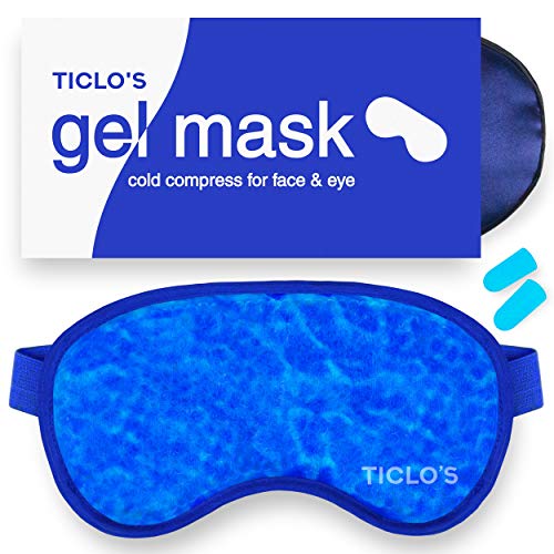 Product Cover TICLO'S Gel Eye Mask - Cooling Ice Cold Compress Pad for Puffy Eyes, Face, Migraines, Headaches, Blepharitis, Dark Circles, Dry&Pink Eye, Sinus, Allergy & Pain Relief - Bonus Silk Sleep Mask