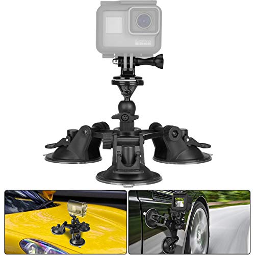 Product Cover 3-Cup Action Camera Suction Cup Mount Motion Camcorder Car Windshield Hood Door Trunk Lid Holder/w Ball Head Compatible with GoPro Sony DJI OSMO Action Akaso Apeman YI Sports DV Cam Vehicle Mounts