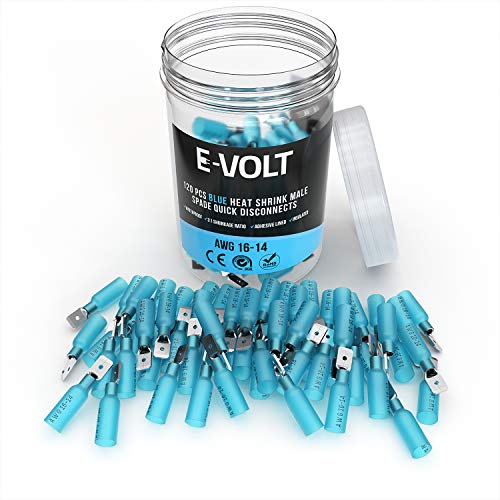 Product Cover E-VOLT Male Spade Crimp Connector- 120 PC Blue Waterproof Wire Connectors with 3:1 Heat Shrink Ratio for 16-14 AWG- Quick Disconnect Industrial Grade Crimp Terminals for Marine, Audio and Automotive