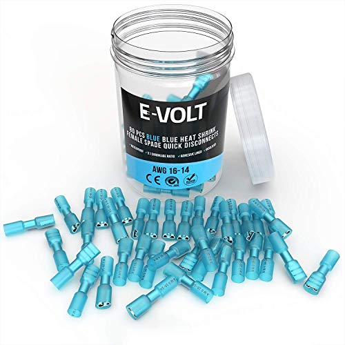 Product Cover E-VOLT Female Spade Crimp Connector- 80 PC Quick Disconnect Waterproof Terminal Connectors with 3:1 Heat Shrink Ratio for 16-14 AWG- Industrial Grade Wire Crimps for Marine, Audio and Automotive