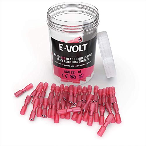 Product Cover E-VOLT 80 PC Female Spade Connectors - Quick Disconnect 3:1 Heat Shrink Ratio Insulated Red Spade Crimp Terminal for 22-16 AWG - Industrial Grade Wire Connector for Automotive, Marine and Audio