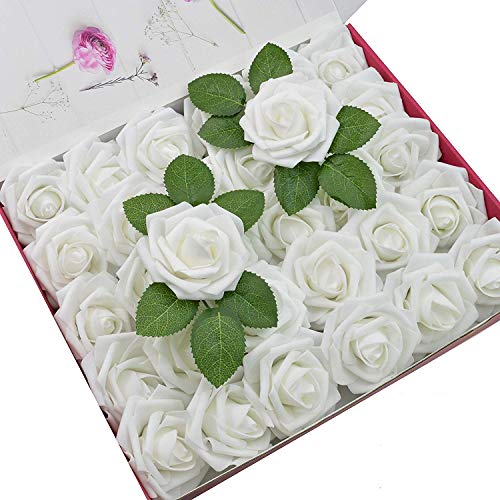 Product Cover DerBlue 60pcs Artificial Roses Flowers Real Looking Fake Roses Artificial Foam Roses Decoration DIY for Wedding Bouquets,Arrangements Party Baby Shower Home Decorations-with Green Leaves(White)