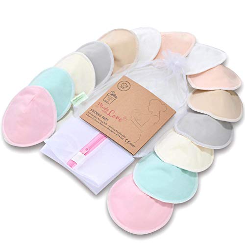 Product Cover Organic Bamboo Nursing Breast Pads - 14 Washable Pads + Wash Bag - Breastfeeding Nipple Pad for Maternity - Reusable Nipplecovers for Breast Feeding (Pastel Touch, Large 4.8