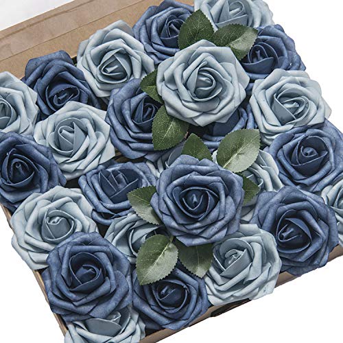 Product Cover Ling's moment Roses Artificial Flowers 50pcs Realistic Dusty Blue Fake Roses w/Stem for DIY Wedding Bouquets Centerpieces Floral Arrangements Decorations