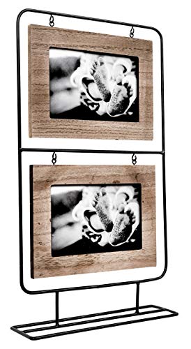 Product Cover Space Art Deco Double 6x4 Black Wire Stand Picture Frame - Holds Two 6x4 Photos - Black Iron - Tabletop Display - Landscape - Hanging Frame - Flexible Metal Tabs - Light Frame Border (6x4 - Two)