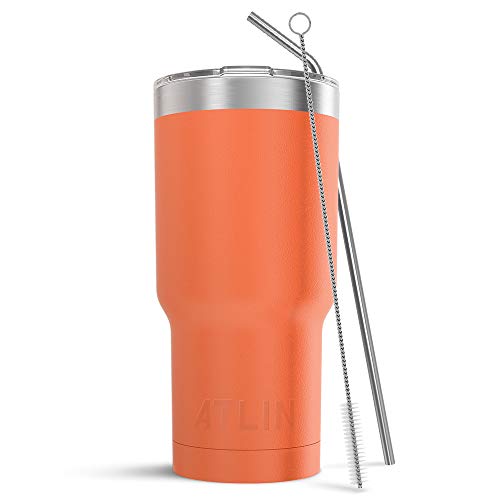 Product Cover Atlin Tumbler [30 oz. Double Wall Stainless Steel Vacuum Insulation] Travel Mug [Crystal Clear Lid] Water Coffee Cup [Straw Included] (Orange) For Home,Office,School, Ice Drink, Hot Beverage