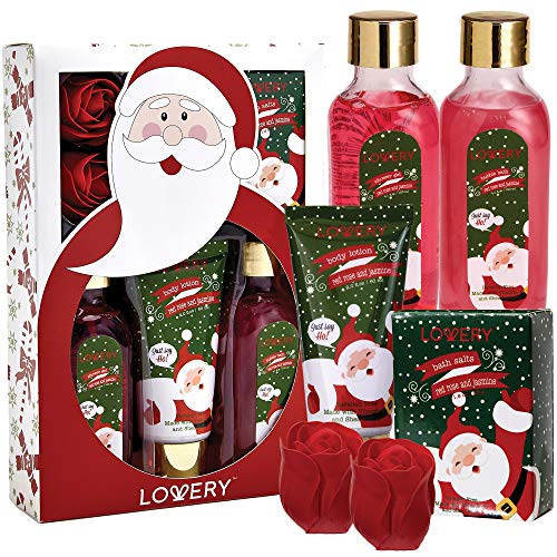 Product Cover Bath and Body Christmas Gift Box For Women and Men - Red Rose and Jasmine Home Spa Set, Includes Fragrant Bubble Bath, Shower Gel, Soap Flowers and More