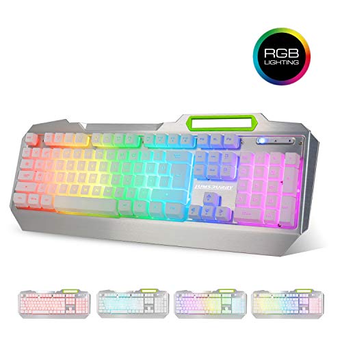 Product Cover RGB LED Backlit Gaming Keyboard with Anti-ghosting, Light up Keys Multimedia Control, USB Wired Waterproof Metal Keyboard for PC Games Office (Silver&White)