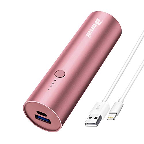 Product Cover Portable Charger, BONAI Ultra-Compact Aluminum Power Bank 5000mAh Travel, High-Speed Output External Backup Battery Compatible iPhone, iPad, iPod, Samsung, Tablets - Pink(Charging Cable Included)