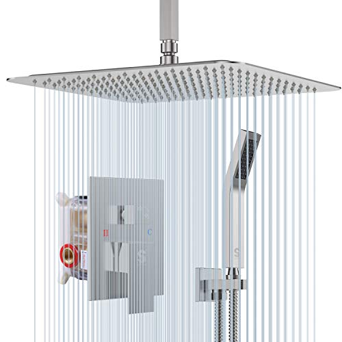 Product Cover SR SUN RISE 16 Inches Brushed Nickel Shower System Bathroom Luxury Rain Mixer Shower Combo Set Ceiling Mounted Rainfall Shower Head Faucet (Contain Shower Faucet Rough-In Valve Body and Trim)