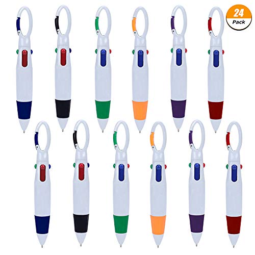 Product Cover Xinzistar 24 Pack Plastic Carabiner Shuttle Pens 4-in-1 Retractable Ballpoint Pens Multicolor Pens with Buckle Keychain on Top for Office School Supplies Students Children Gift