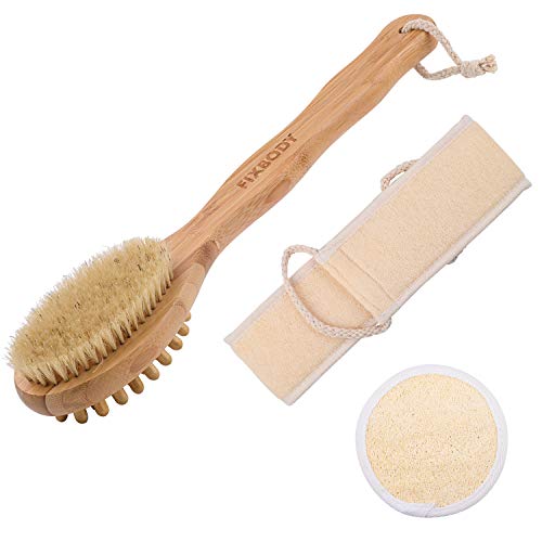 Product Cover FIXBODY Bath Shower Body Brush, Loofah Back Scrubber and Face Sponge Pad, Boar Bristles and Bamboo Handle, Use Wet or Dry Skin, Exfoliating and Cellulite for Radiant and Smoother Skin (3PCS)