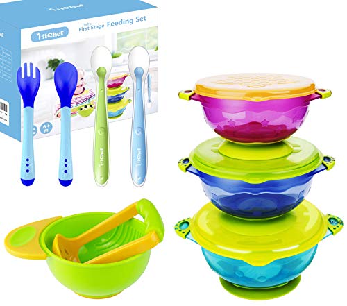 Product Cover MICHEF Baby Bowls, Baby Feeding Bowls Set with 2 Hot Safe Baby Fork and Spoon, 2 Soft-Tip Silicone Baby Spoons, Mash and Serve Bowl - Baby Shower Gift Set of 3 Suction Baby Bowls for Toddler with Lids