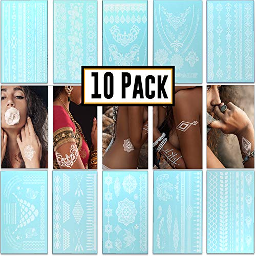 Product Cover Fake Festival Temporary Tattoos - White Henna Tattoo | 10 sheets & 100+ designs | Boho Glitter Accessories Stickers | Fits Men, Women & Kids | For Face, Body, Music Festival Clothing, Costumes