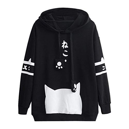 Product Cover Womens Japanese Kawaii Style Kitty Cat Print Pocket Long Sleeve Thin Hoodie Tops