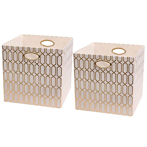 Product Cover Posprica Storage Bins - 13×13 Foldable Basket Cubes Organizer Boxes Containers Drawers,Geometric Pattern - Cream/Gold,2pcs