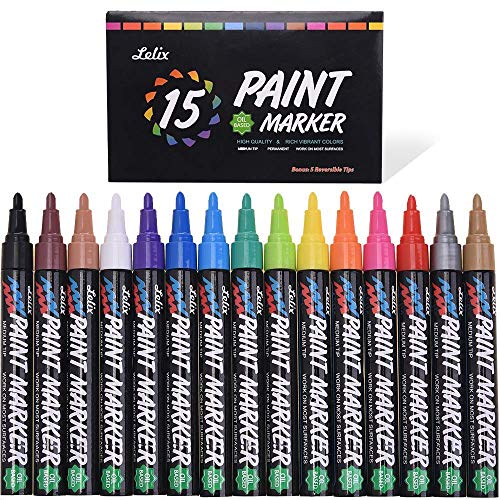 Product Cover Paint Pens, Lelix 15 Pack Oil Based Permanent Paint Markers for Rock Painting, Wood, Metal, Ceramic, Glass and Almost All Surfaces, Medium Tip with Quick Dry, Water Resistant Ink