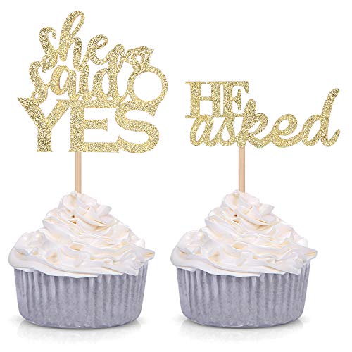Product Cover Set of 24 Gold Glitter He Asked/She Said Yes Cupcake Toppers for Wedding/Bridal Shower Decorations