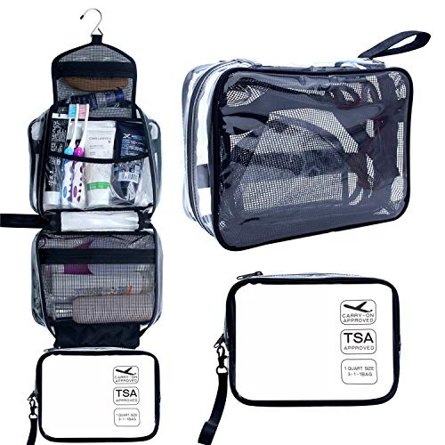 Product Cover Hanging Toiletry Bag, Clear Travel Toiletry Bag with Detachable TSA Approved Small Clear Bag Airline 3-1-1 Carry On Compliant Bag Makeup Bag for Men and Women (Black)