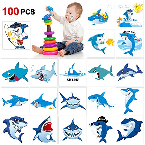 Product Cover Shark Temporary Tattoos(100pcs),Konsait Shark Tattoo Body Stickers Costume Accessories for Ocean Sea Shark Themed Baby Shower Birthday Party Favor Supplies Decor for Boy Girls Kids Party Bag Filler