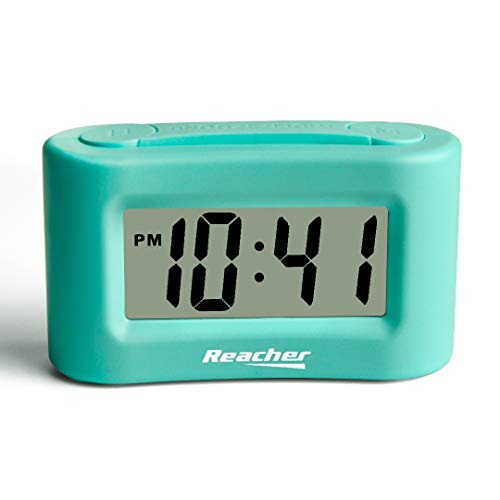 Product Cover Reacher Mini Battery Operated Alarm Clock - Simple Basic Operation, Snooze, Backlight, Display ON/Off, Perfect for Travel, Desk, Shelf, Bedside, Mint Green