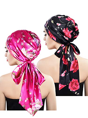 Product Cover Blulu 2 Pieces Soft Satin Head Scarf Sleeping Cap Bonnet Headwear Head Cover Turbans for Women (Set 2)