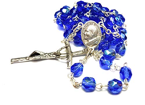 Product Cover Made In Italy Blue Rosary Blessed by Pope Francis Vatican Rome Holy Father Crystal Glass Beads with Silver Toned Base Papal Cross Crucifix Blessing