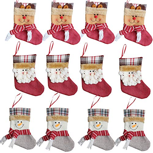 Product Cover Forze Christmas 3D Decorative Socks Candy Gift Bag, Santa Snowman Reindeer Gift Card Silverware Holders 12 Pieces Mini Christmas Stockings Xmas Tree Decorations Set
