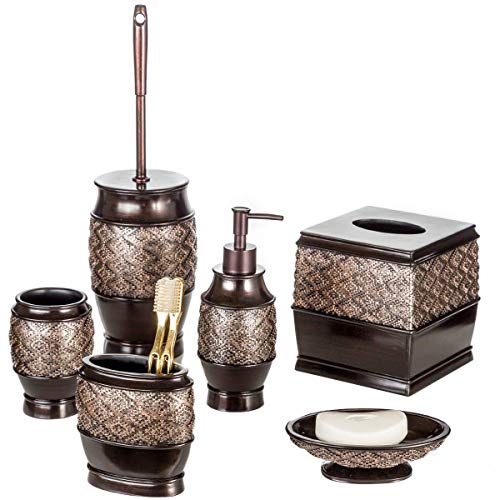 Product Cover Creative Scents Dublin 6-Piece Bathroom Accessories Set, Includes Decorative Soap Dispenser, Soap Dish, Tumbler, Toothbrush Holder, Tissue Box Cover and Toilet Bowl Brush (Brown)