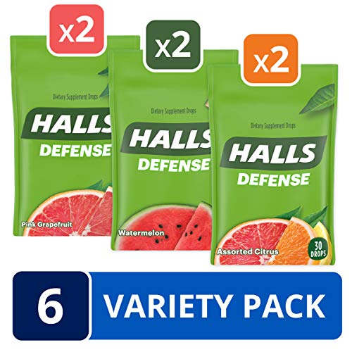Product Cover HALLS Defense Dietary Supplement Drops Variety Pack - 180 total drops (Watermelon, Assorted Citrus & Pink Grapefruit),30 Count (Pack of 6)